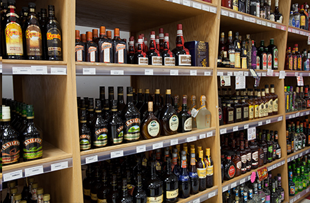 A view of Tulalip Liquor and Smoke Shop shelves stocked with a wide variety of liquor – the best place for wine, liquor, and beer in Marysville, just off 1-5 on Marine Drive, Exit 199!